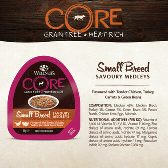 Wellness CORE Small Breed Savoury Medleys, kipfilet, kalkoen, wortelen en groene bonen - 85g