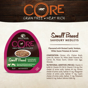 Wellness CORE Small Breed Savoury Medleys, lam, wild, witte zoete aardappelen en wortelen - 85g