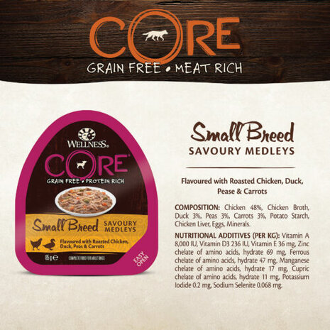 Wellness CORE Small Breed Savoury Medleys Flavoured with roasted Chicken, Duck, Peas & Carrots - 85g